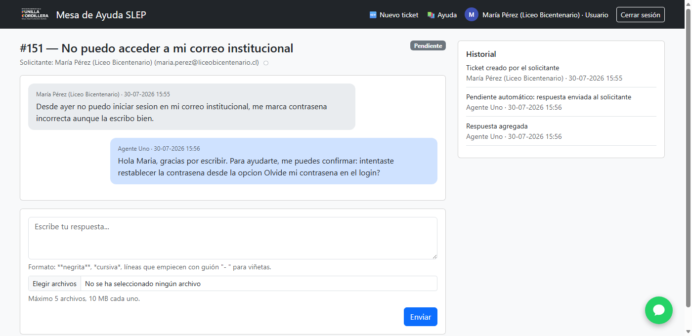 Conversación de un ticket con la respuesta de un agente